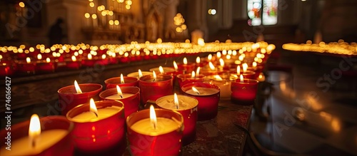 A Catholic church holds a vigil with rows of lit candles illuminating the area in front.