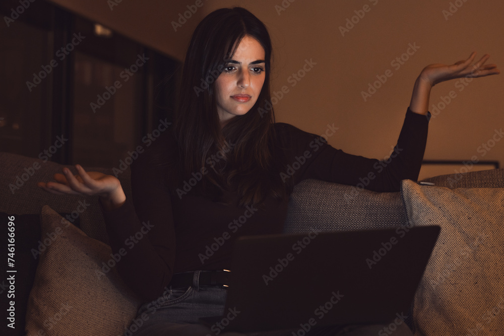 Unhappy young female worker look at laptop screen shocked by gadget breakdown or operational problems at late night. Frustrated woman confused surprised by unexpected error on computer device.. Unhappy young female worker look at laptop screen shocked by gadget breakdown or operational problems at late night. Frustrated woman confused surprised by unexpected error on computer device..