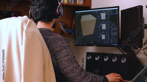 horizontal video of latin man with beard wearing headphones and sitting working in front of two monitors from the comfort of his home