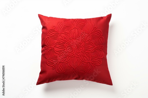 Vibrant Red bright pillow isolated on white background. Cushion fabric over cloth comfort. Generate Ai