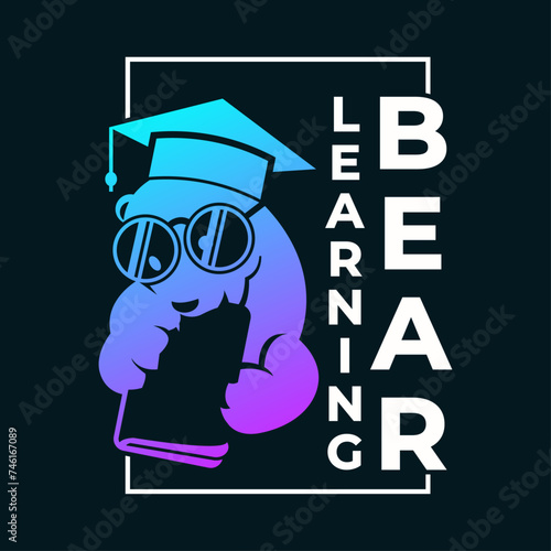 vector illustration of bear biting book and with letter learning bear for t shirt design, poster, banner, etc