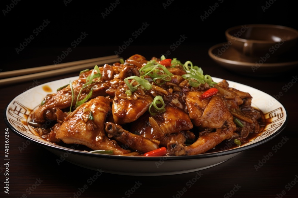 Kung Pao chicken on plate with green onions and pepper