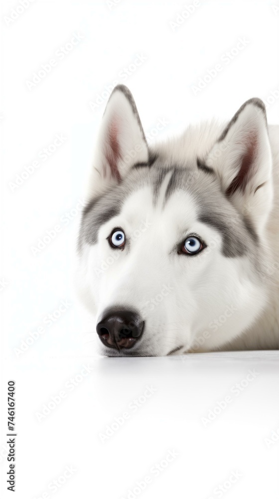 Close-up Portrait of a Siberian Husky with Striking Blue Eyes on White Background