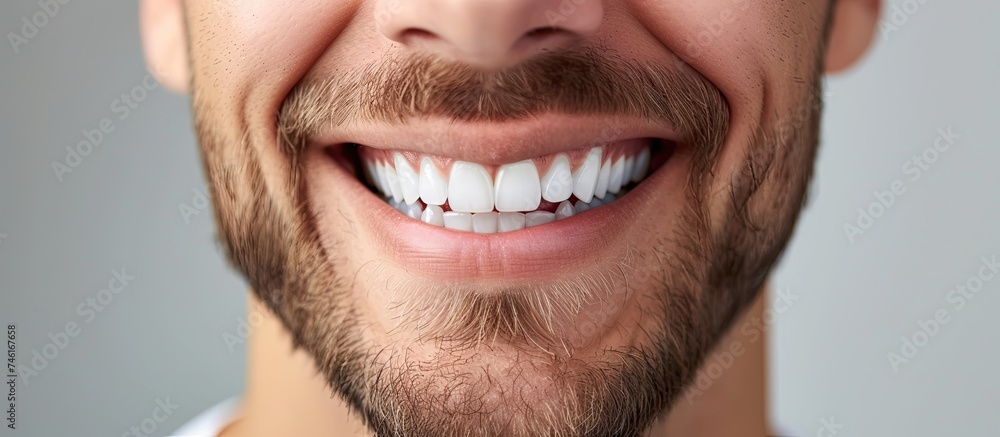 A close-up of a man with a beard, smiling brightly to reveal his gleaming white teeth. The mans expression exudes confidence and joy, showcasing his healthy dental care. A close-up of a man with a beard, smiling brightly to reveal his gleaming white teeth. The mans expression exudes confidence and joy, showcasing his healthy dental care.