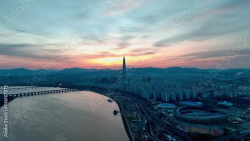 Wallpaper Mural Drone View of Seoul city in South Korea, Gangnam road 60fps, winter, sunrise Torontodigital.ca