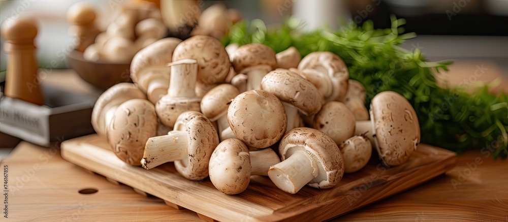Fototapeta premium A variety of fresh Champignon mushrooms arranged neatly on a cutting board, presenting a savory and delightful sight.