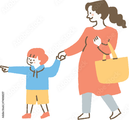 息子と手を繋いで歩く妊婦の母親_色
