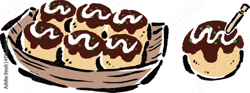 たこ焼き　舟皿に盛ったもの　爪楊枝を刺したもの　筆タッチイラスト