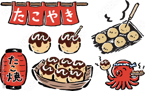 たこ焼き屋さん　たこ焼き、暖簾、提灯、鉄板セット