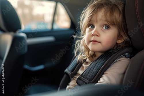 little cute girl securely buckled in car seat