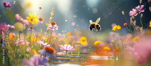 A bumblebee is seen flying over a field of vibrant flowers  its wings fluttering as it hovers above the colorful blooms in search of nectar.