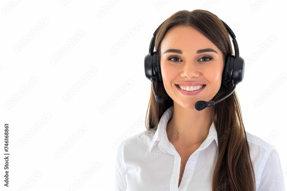 Happy woman in headphones with microphone. Happy woman in headphones with microphone.