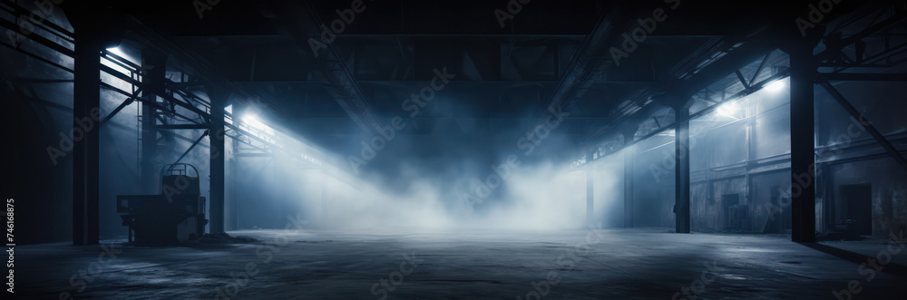Abstract Empty Space: Dark Blue Illumination in Modern Grunge Hall