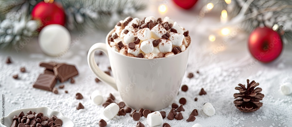 A cup filled with hot chocolate, topped with mini marshmallows that melt into a comforting and flavorful treat. A cup filled with hot chocolate, topped with mini marshmallows that melt into a comforting and flavorful treat.