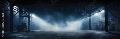 Abstract Empty Space: Dark Blue Illumination in Modern Grunge Hall