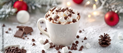 A cup filled with hot chocolate  topped with mini marshmallows that melt into a comforting and flavorful treat.