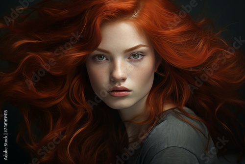 Radiant Red hair woman portrait. White fairy. Generate ai