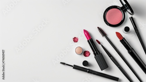 Top view of set of women's makeup cosmetics on white background. Women's Cosmetics and Accessories