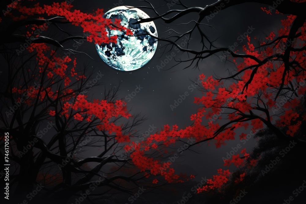 Crimson Red leaves night moon. Tropical forest. Generate Ai