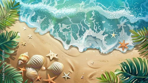Sea coast with sand, ocean wave, shells and star fish on tropical island. beach with sandy seaside, blue transparent water surface. Paradise island, exotic tropical © Jennifer