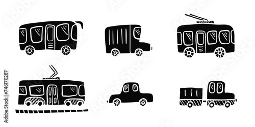 Cute black doodle linocut style city transport. Childish sketchy block print tramway, trolley, bus, cur for children educational or fun app or book, sticker, cards design