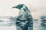 A penguin overlaid with an icy Antarctic landscape in a double exposure