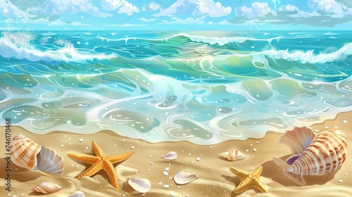 Sea coast with sand, ocean wave, shells and star fish on tropical island. beach with sandy seaside, blue transparent water surface. Paradise island, exotic tropical © Jennifer