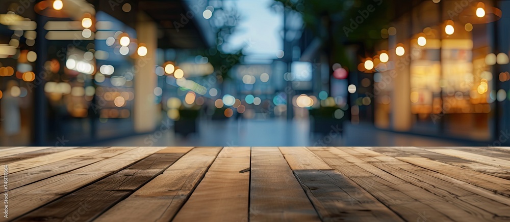 A photograph of a wooden table top with out-of-focus lights in the background, perfect for showcasing products or creating visual designs. A photograph of a wooden table top with out-of-focus lights in the background, perfect for showcasing products or creating visual designs.