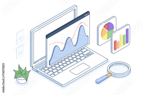 Analytics Isometric Vector Illustration - With data and a laptop