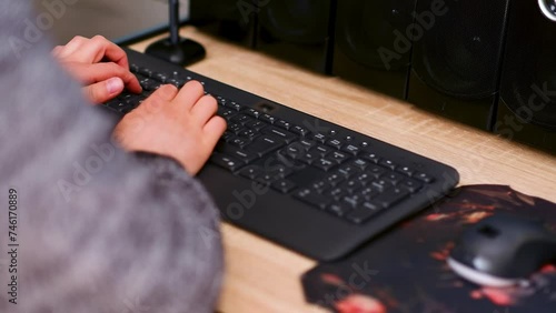 keyboard and mouse used by two hands, online shopping and home office, performing work tasks, horizontal video,
