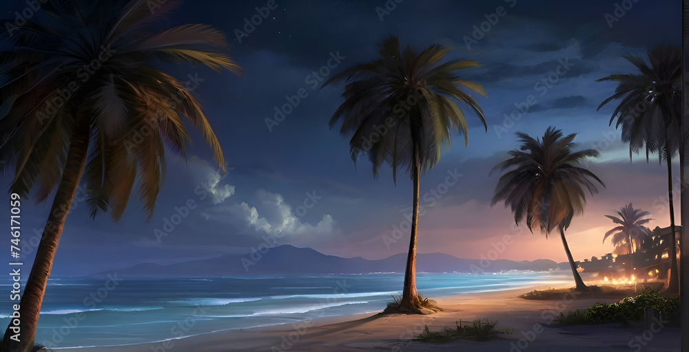Palms at the beach in night