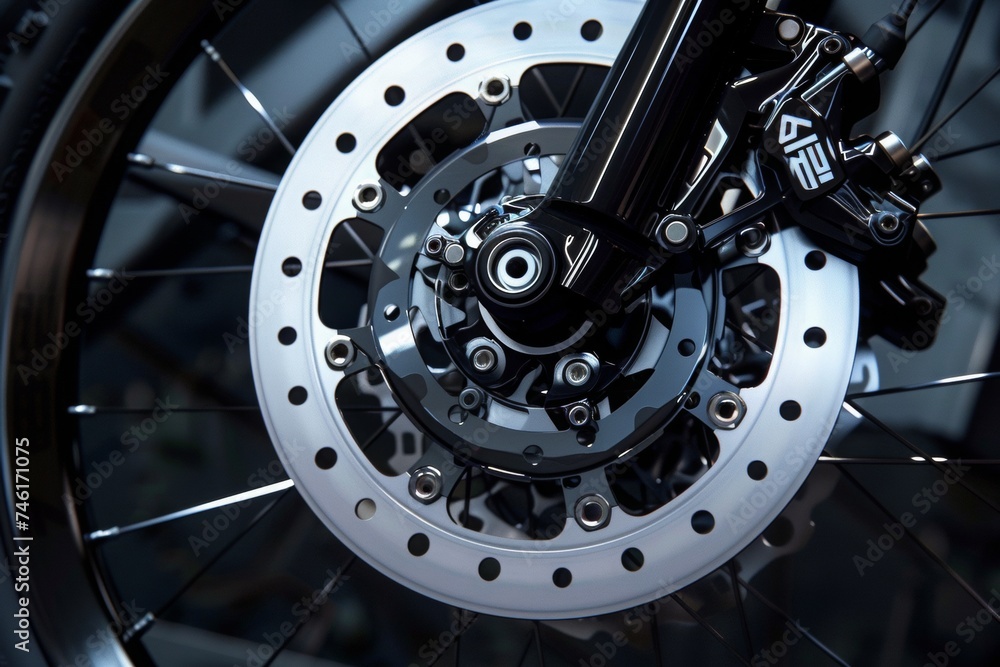Close-up of a motorcycle wheel with details of the brake system and spokes, highlighting engineering and design precision.

