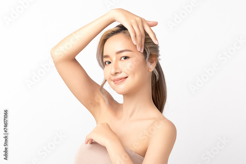 Happy beautiful young asian woman clean fresh bare skin concept. Asian girl beauty face skincare and health wellness, Facial treatment, Perfect skin, Natural make up. Isolated on white background.