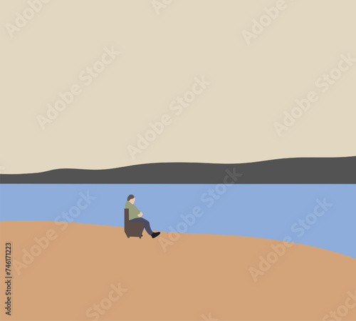 Senior man sitting on bench in the front of the lake and looking at water. Thinking, contemplation relaxing, concentration, loneliness concept