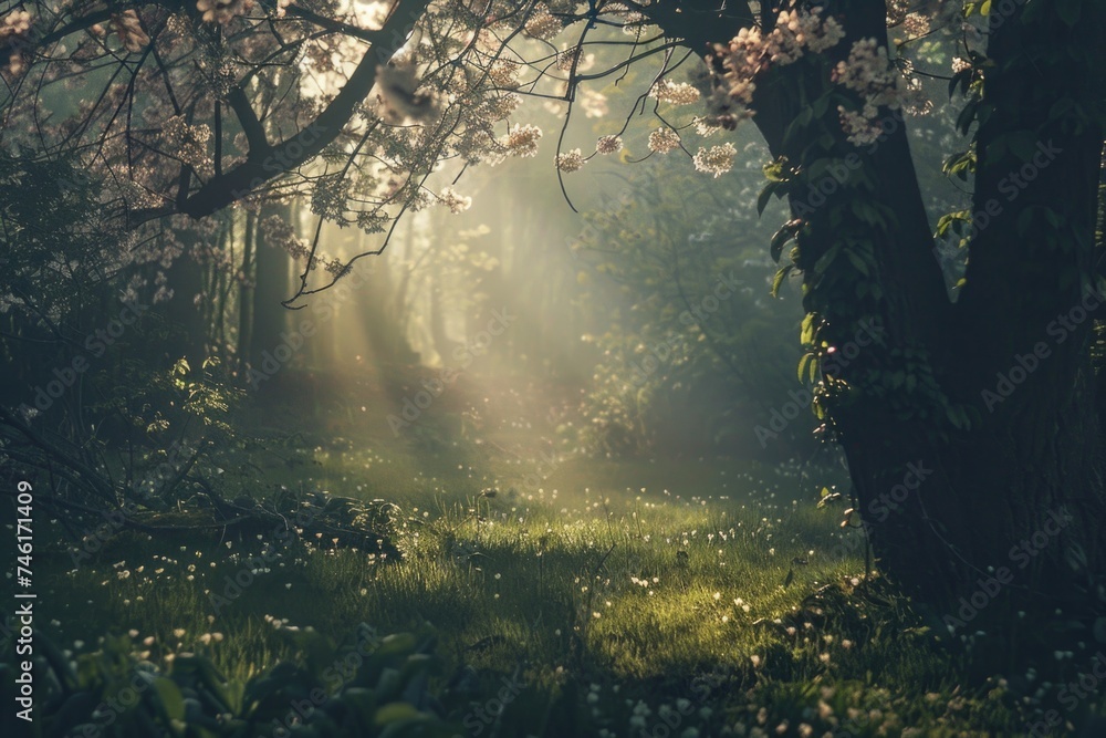 Enchanted forest scene with cherry blossoms and soft light in a mystical clearing