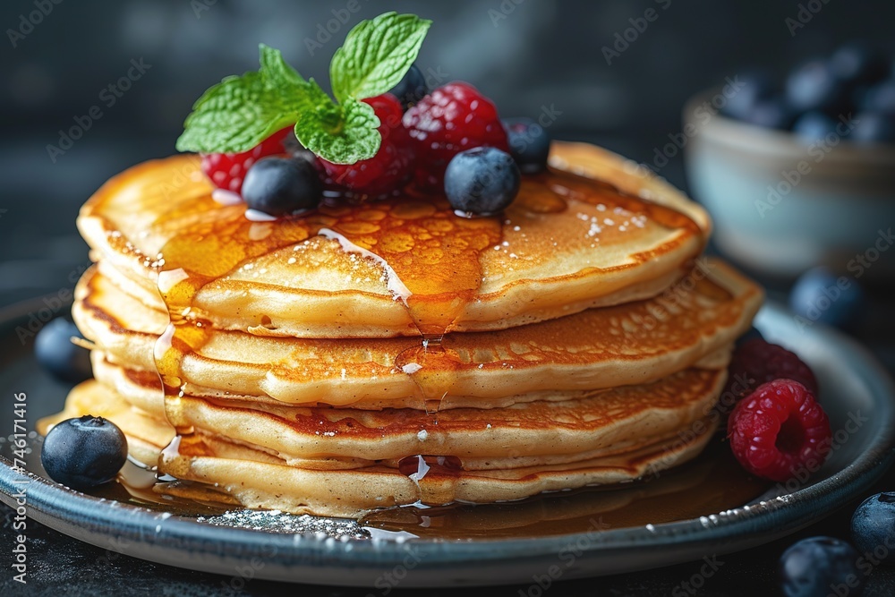 custom made wallpaper toronto digitalClose-up delicious pancakes, with fresh blueberries, strawberries and maple syrup