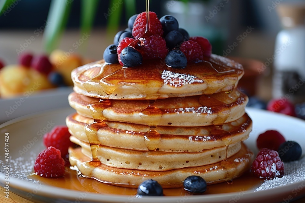 Close-up delicious pancakes, with fresh blueberries, strawberries and maple syrup Close-up delicious pancakes, with fresh blueberries, strawberries and maple syrup