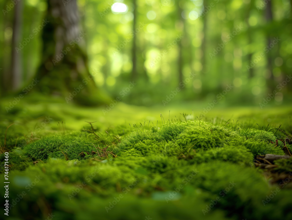 Close-up vibrant green moss in a grove of forest, with a blurred forest landscape as the backdrop. Close-up vibrant green moss in a grove of forest, with a blurred forest landscape as the backdrop.