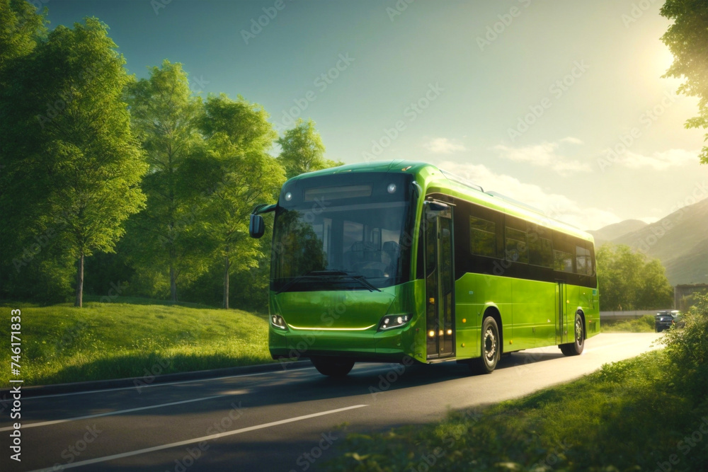 Obraz premium A green electric public bus travels on a road, surrounded by lush greenery and mountains. Concept of development while protecting the environment. Sustainable Development with Green Energy.