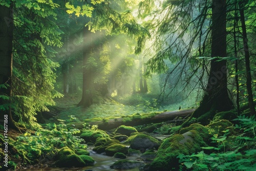 Sunlight piercing through a vibrant green forest with a moss-covered stream