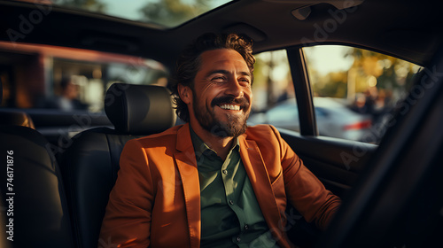 Smiling businessman grabs the steering wheel of luxury car, sits on seat and drives. Generative AI