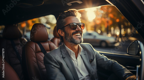 Smiling businessman grabs the steering wheel of luxury car, sits on seat and drives.
Generative AI
