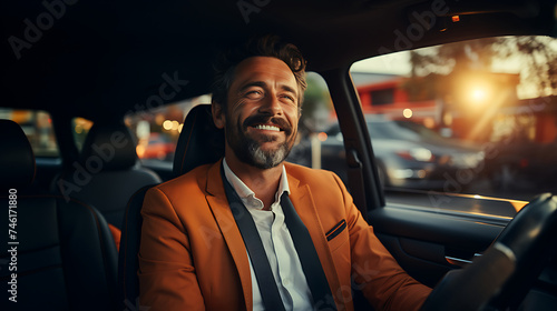 Smiling businessman grabs the steering wheel of luxury car, sits on seat and drives. Generative AI © sangmyeong