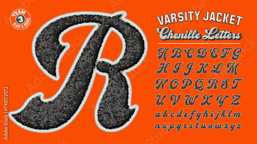 Letter jacket style collegiate letters in the style of a sew-on patch. Chenille fabric with embroidery stitched border.
