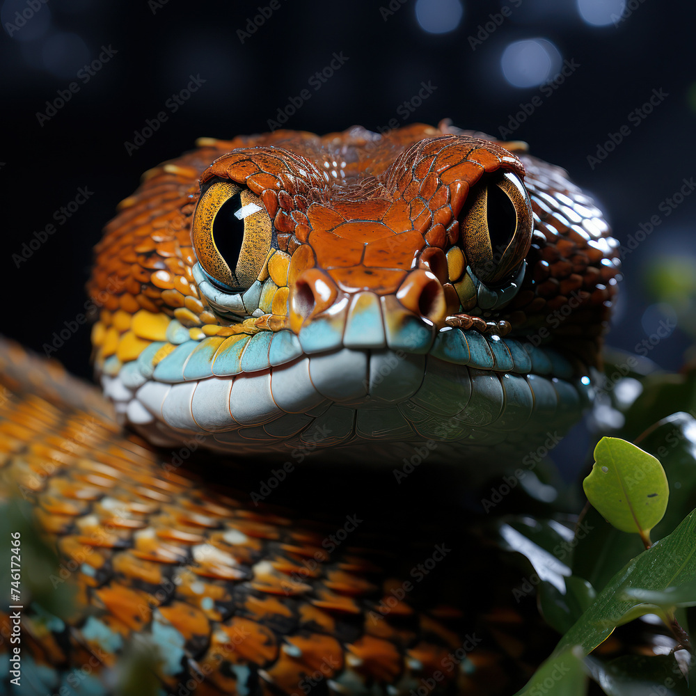 Fototapeta premium A vividly colored snake's gaze captured in a dark, enchanting environment