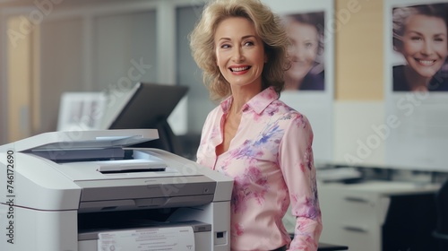 Businesswoman standing next to a photocopier
