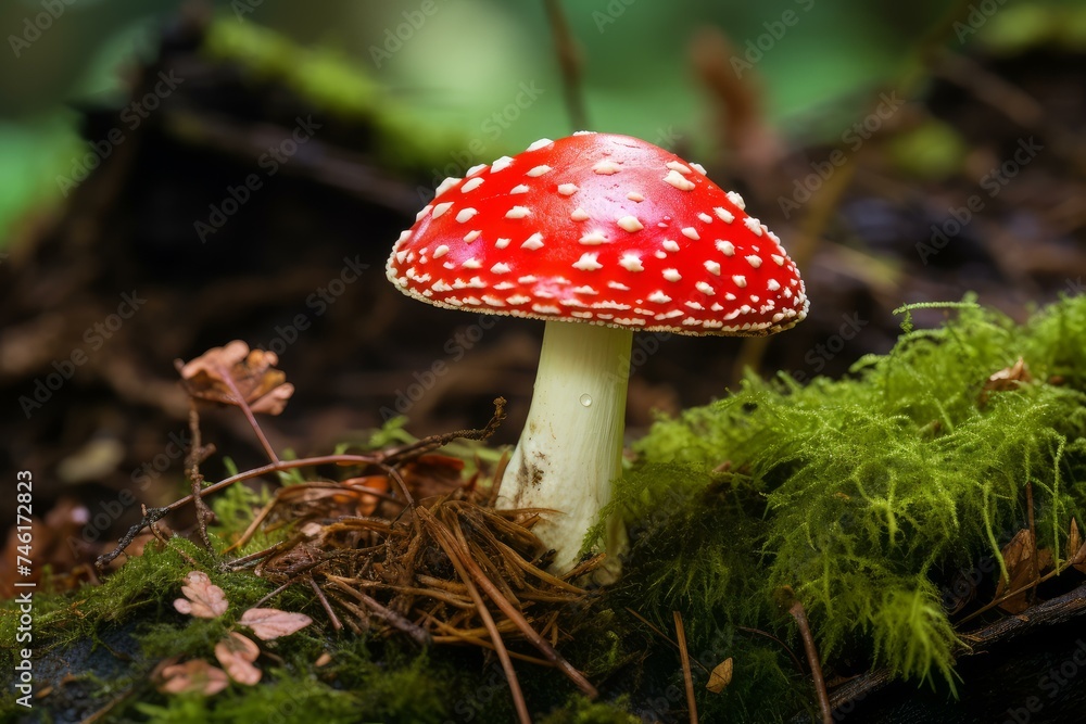 Poisonous Red toadstool mushroom danger. Season moss. Generate Ai Poisonous Red toadstool mushroom danger. Season moss. Generate Ai