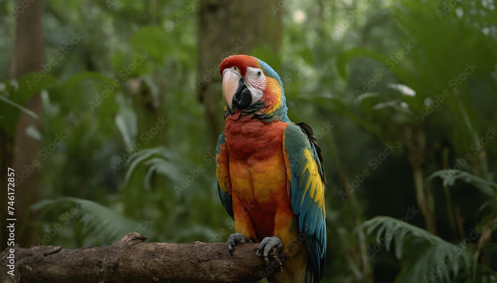 A brightly coloured Ara on a branch in the rainforest A brightly coloured Ara on a branch in the rainforest