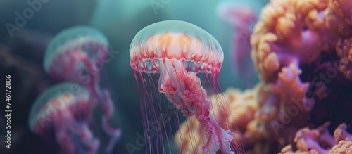 A group of jellyfish gracefully swim in an aquarium, their translucent bodies gliding through the water. The jellyfish move in a mesmerizing fashion, displaying their unique shapes and vibrant colors. © 2rogan