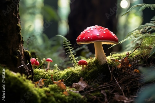 Mystical Red toadstool forest plant. Natural woodland. Generate Ai